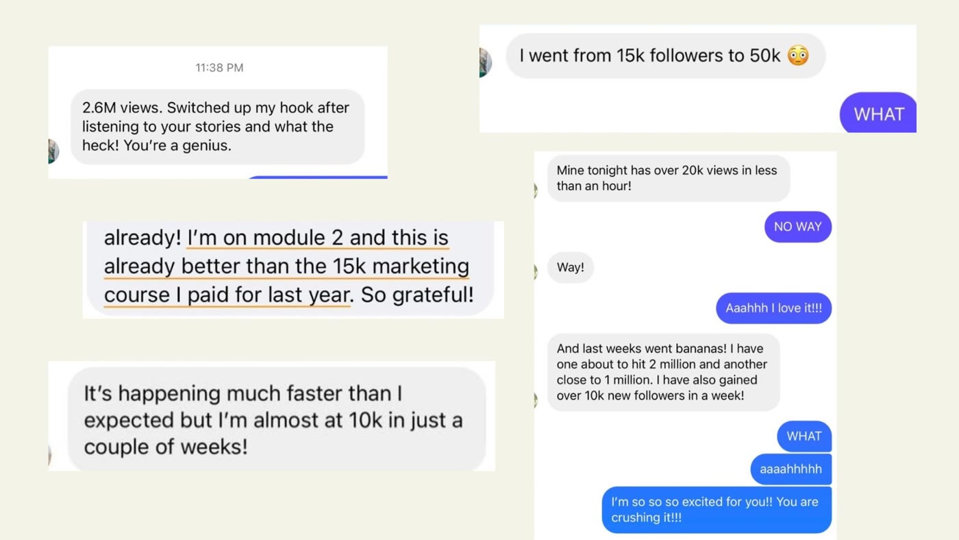 Instagram DMs: 'I'm on module 2 and this is already better than the 15k marketing course I paid for last year', 'I went from 15k followers to 50k', and 'I have also gained over 10k new followers in a week'